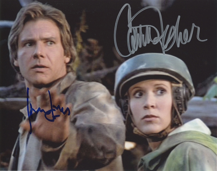 Star Wars: Harrison Ford and Carrie Fisher 10” x 8” Signed Photo from Endor “Return of the Jedi” (Beckett/BAS Guaranteed) 